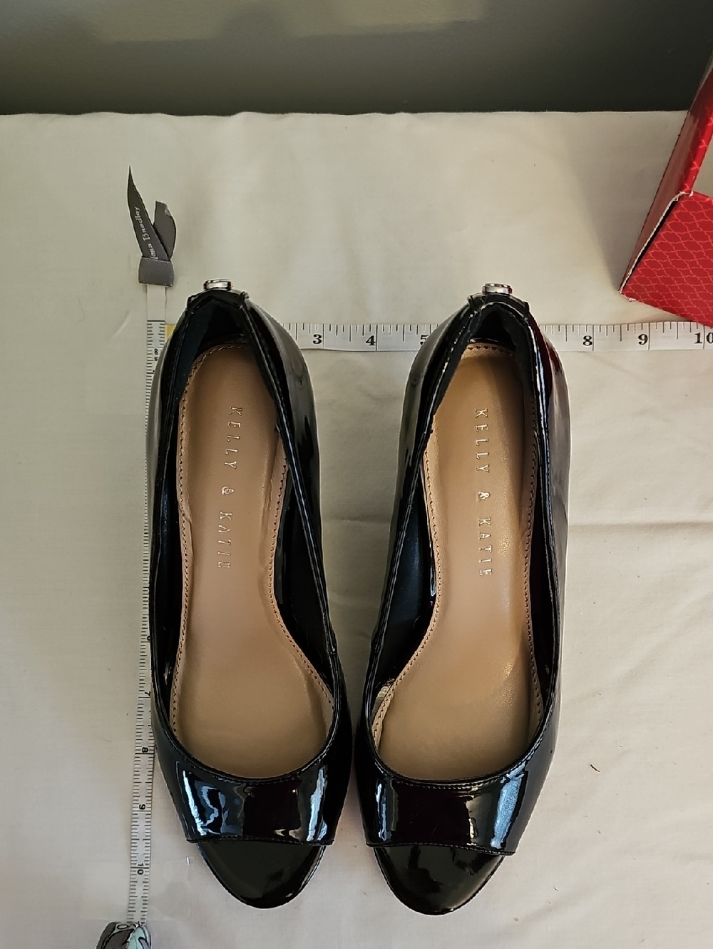 Kelly & Katie Black Patent Peep-Toe Wedge NWB